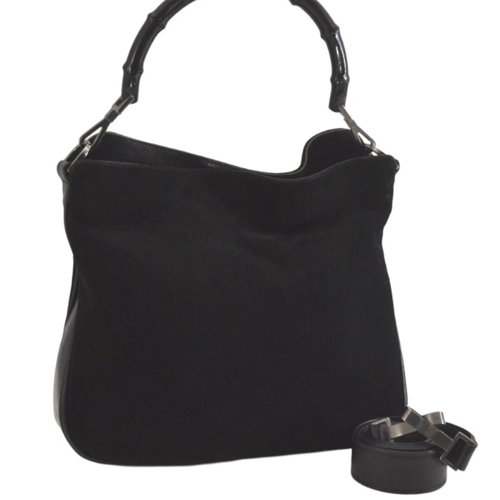 Gucci 2 Way Bamboo Black Suede Handbag